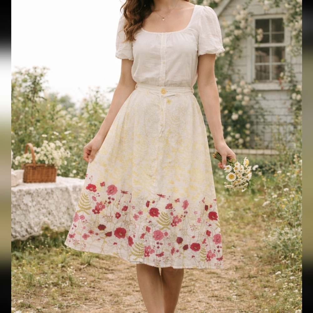 Eddie Bauer 100% Cotton Midi Skirt Size 8 Cottagecore Dainty Vintage Vibes - Picture 2 of 10